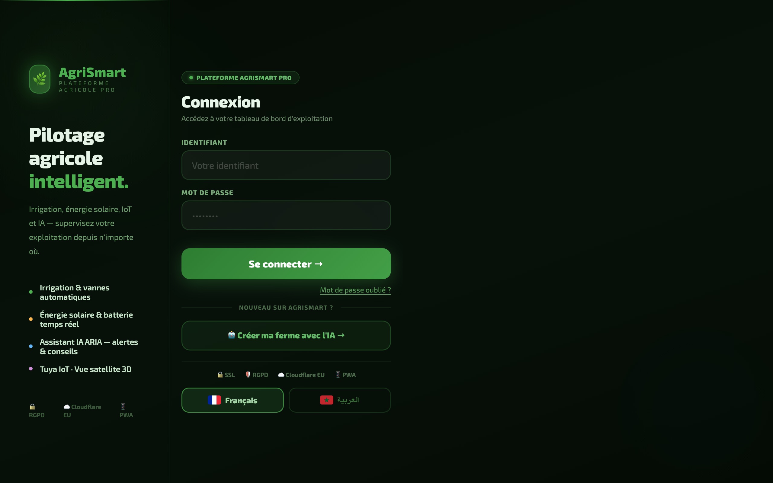Page de connexion d'AgriSmart, plateforme de pilotage agricole